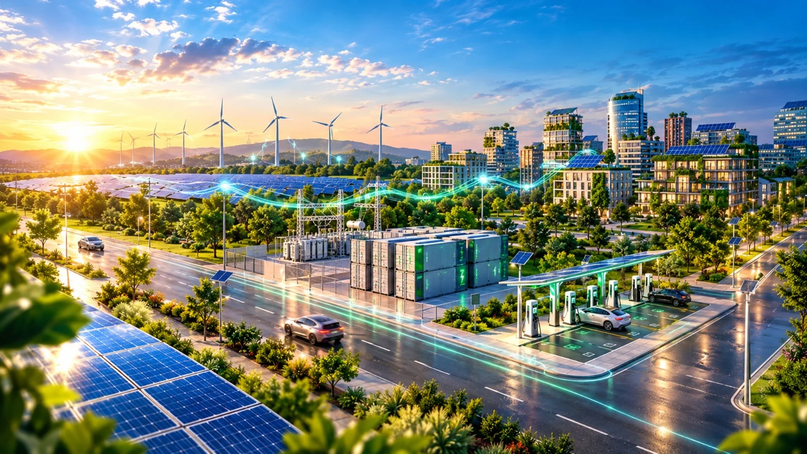 A connected clean-energy city: solar farm, wind turbines, battery storage, a substation and solar-roofed buildings linked by energy flows