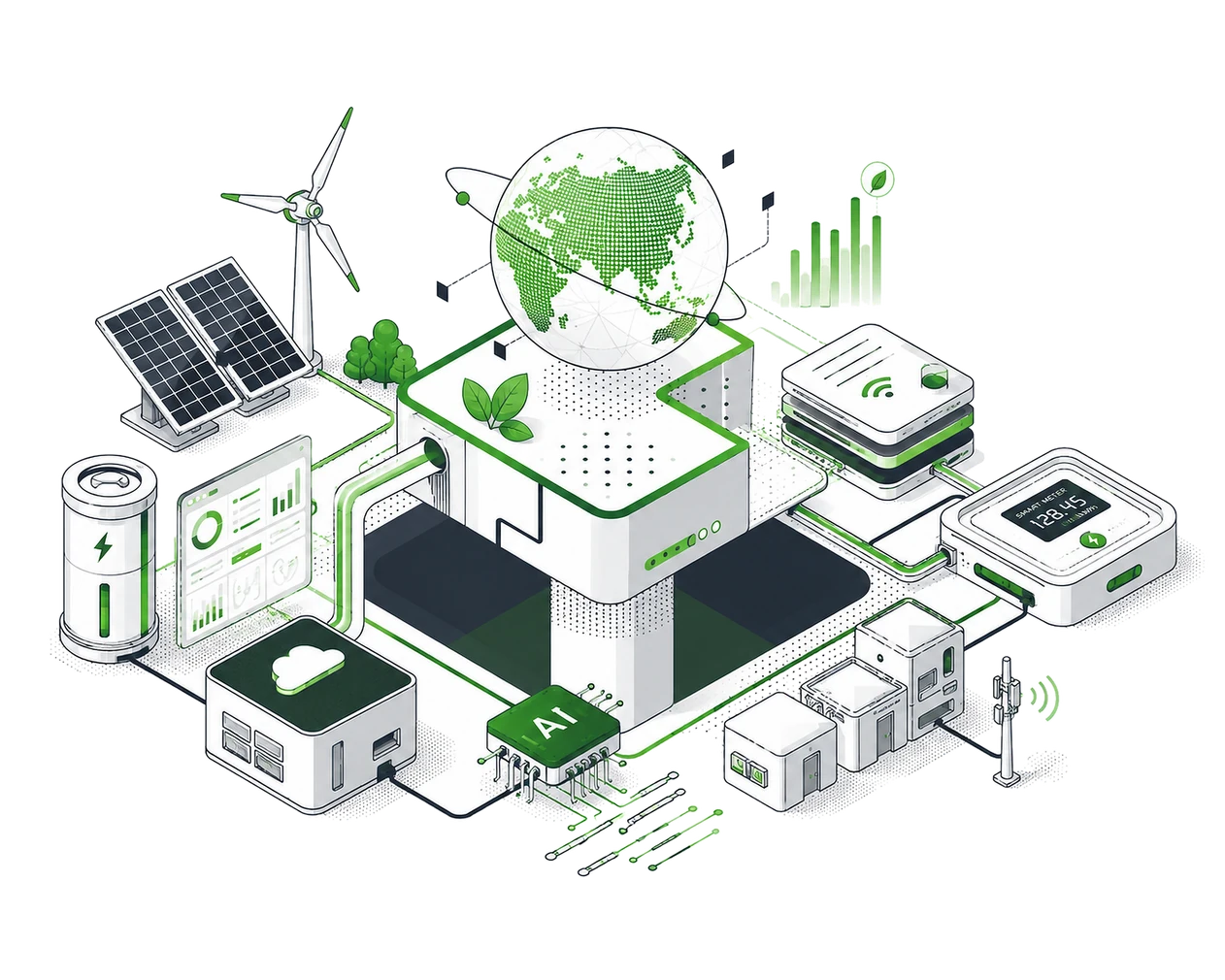 NETC illustration connecting renewable energy, batteries, data and artificial intelligence